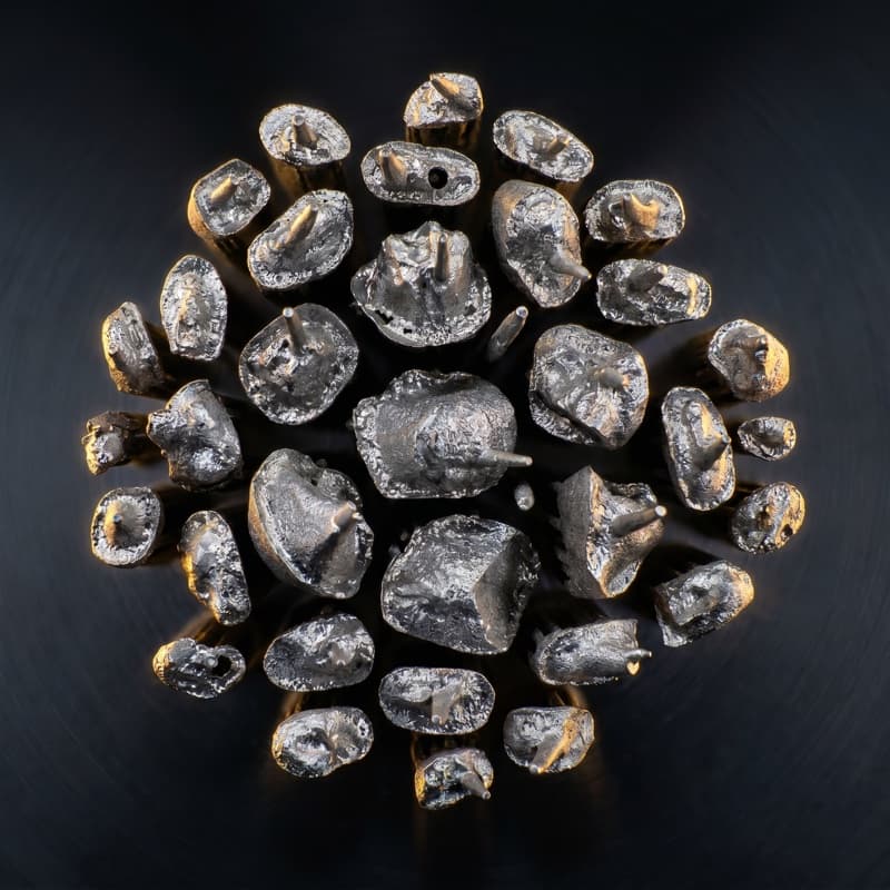 Couronnes et coiffes en chrome-cobalt frittées laser, vue de dessus du plateau, Akrystech