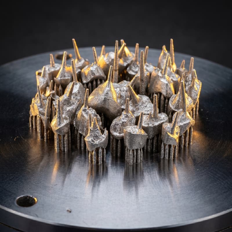 Grappe dense de coiffes en chrome-cobalt sur supports, en sortie de frittage laser, Akrystech